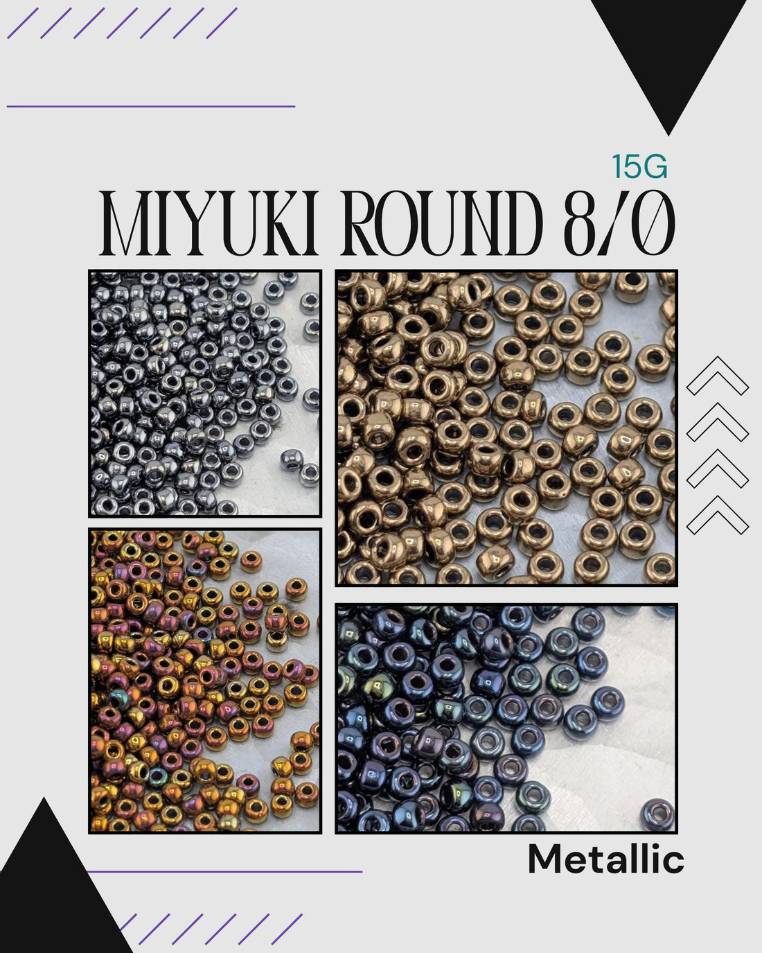 The image is a collage of four photographs depicting various types of beads, including metallic beads. The text "Miyuki Round 8/0" is displayed prominently at the top, and the word "Metallic" is written at the bottom.