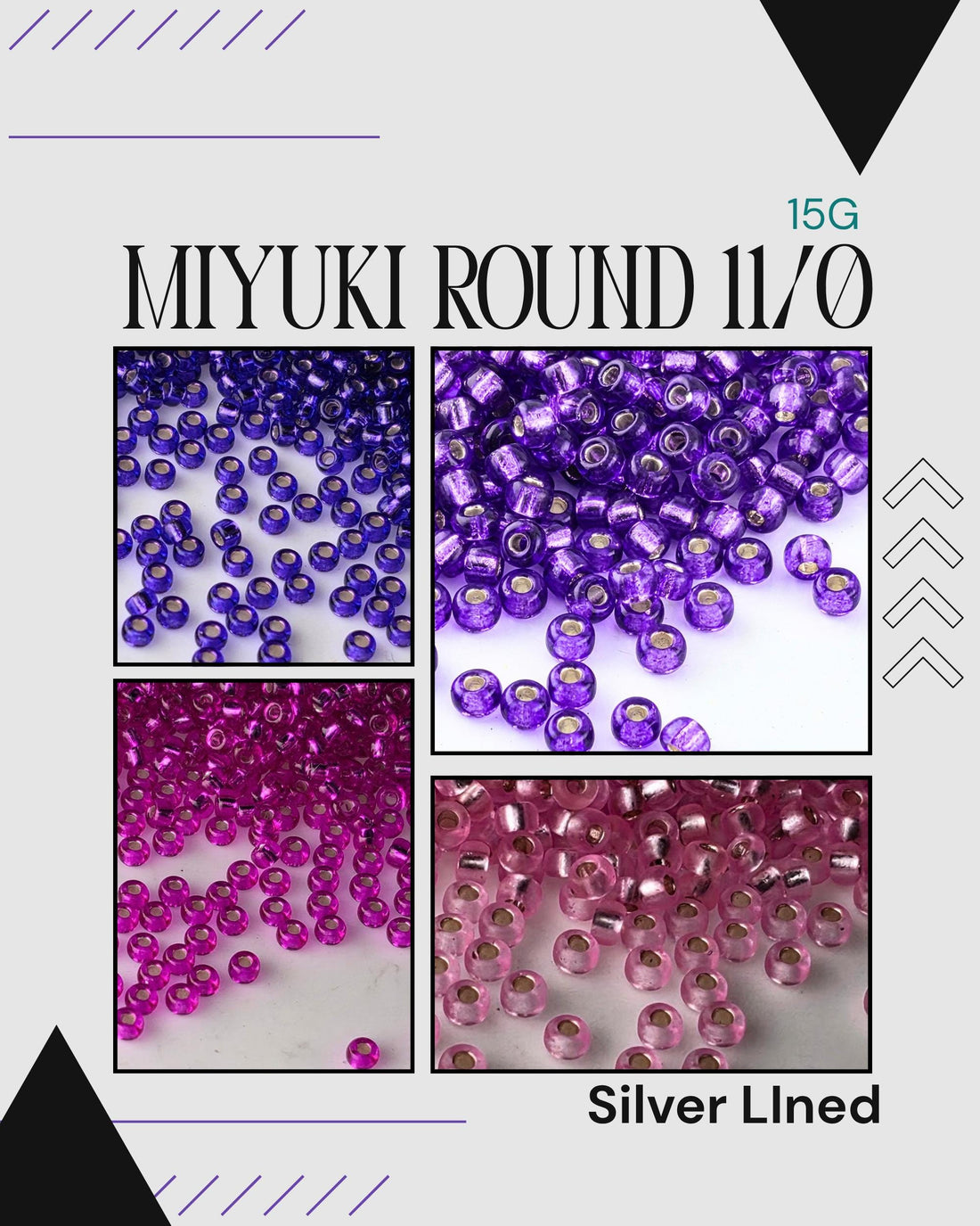 The image is a collage of four images showing different colored beads, including silver lined beads.