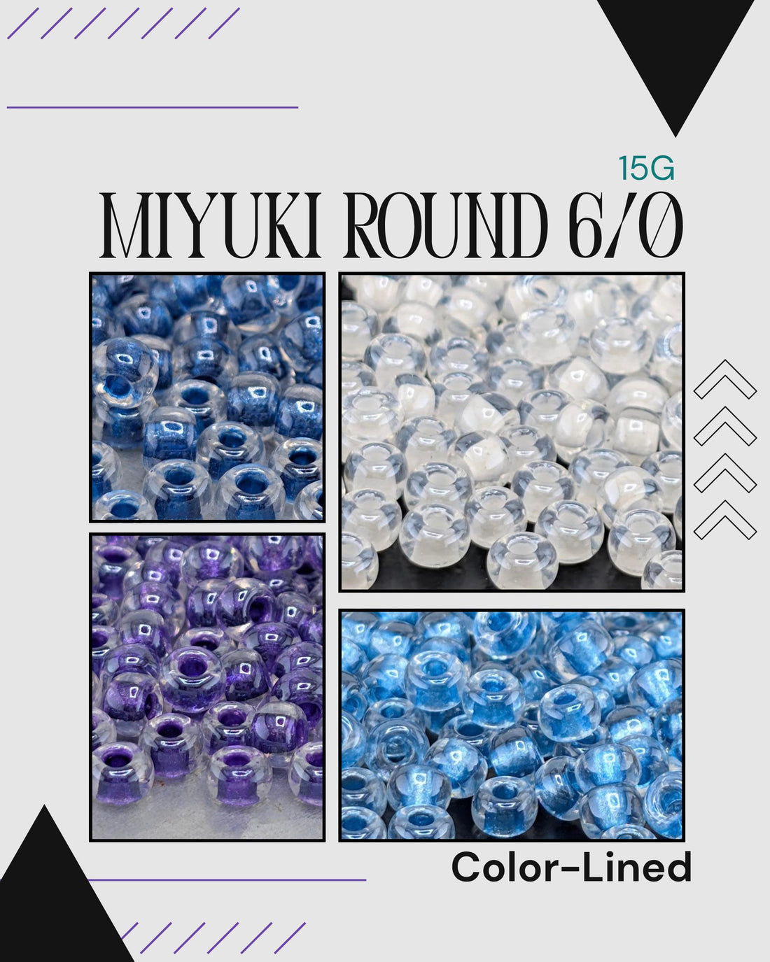 The image is a collage of four images showing different colored beads, including clear beads, purple beads, and white beads.
