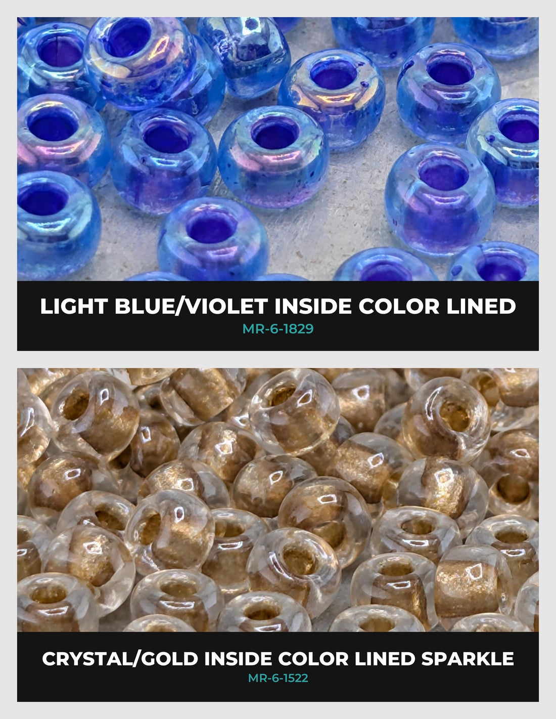 The image is a collage of four images showing different colored beads, including clear beads, purple beads, and white beads.