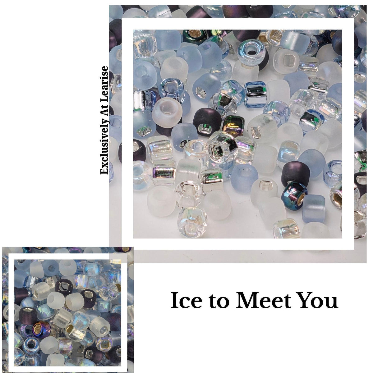 The image is a collage of various glass beads in different shapes and sizes, including clear, blue, and purple beads, arranged in a visually appealing manner.