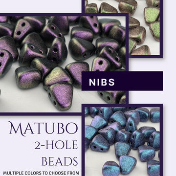 The image is a collage of various colored beads, including Matumbo 2-hole beads, which are available in multiple colors to choose from.