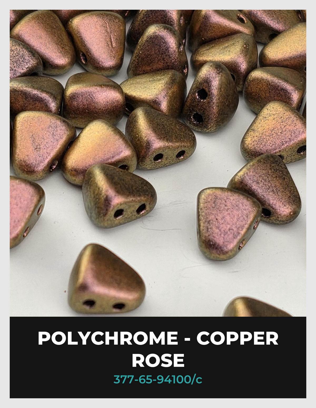 a collection of copper-colored beads or stones, with a focus on a rose-shaped bead. The text below the image provides information about the beads, including their material and color.