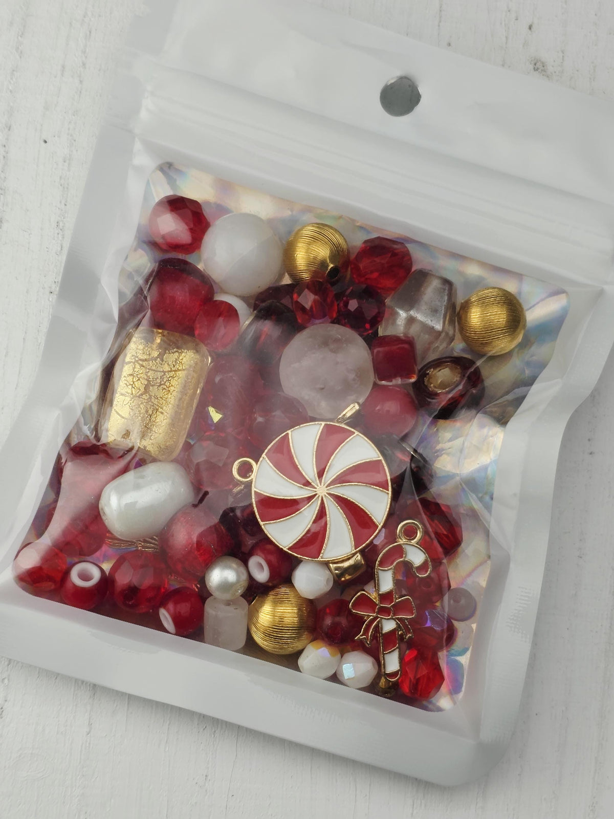 Candy Cane Lane Bead Soup Mix, Peppermint Red White and Gold Glass | Christmas Beads | DIY Jewelry Kit