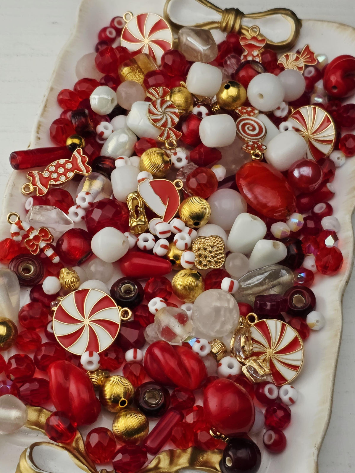 Candy Cane Lane Bead Soup Mix, Peppermint Red White and Gold Glass | Christmas Beads | DIY Jewelry Kit