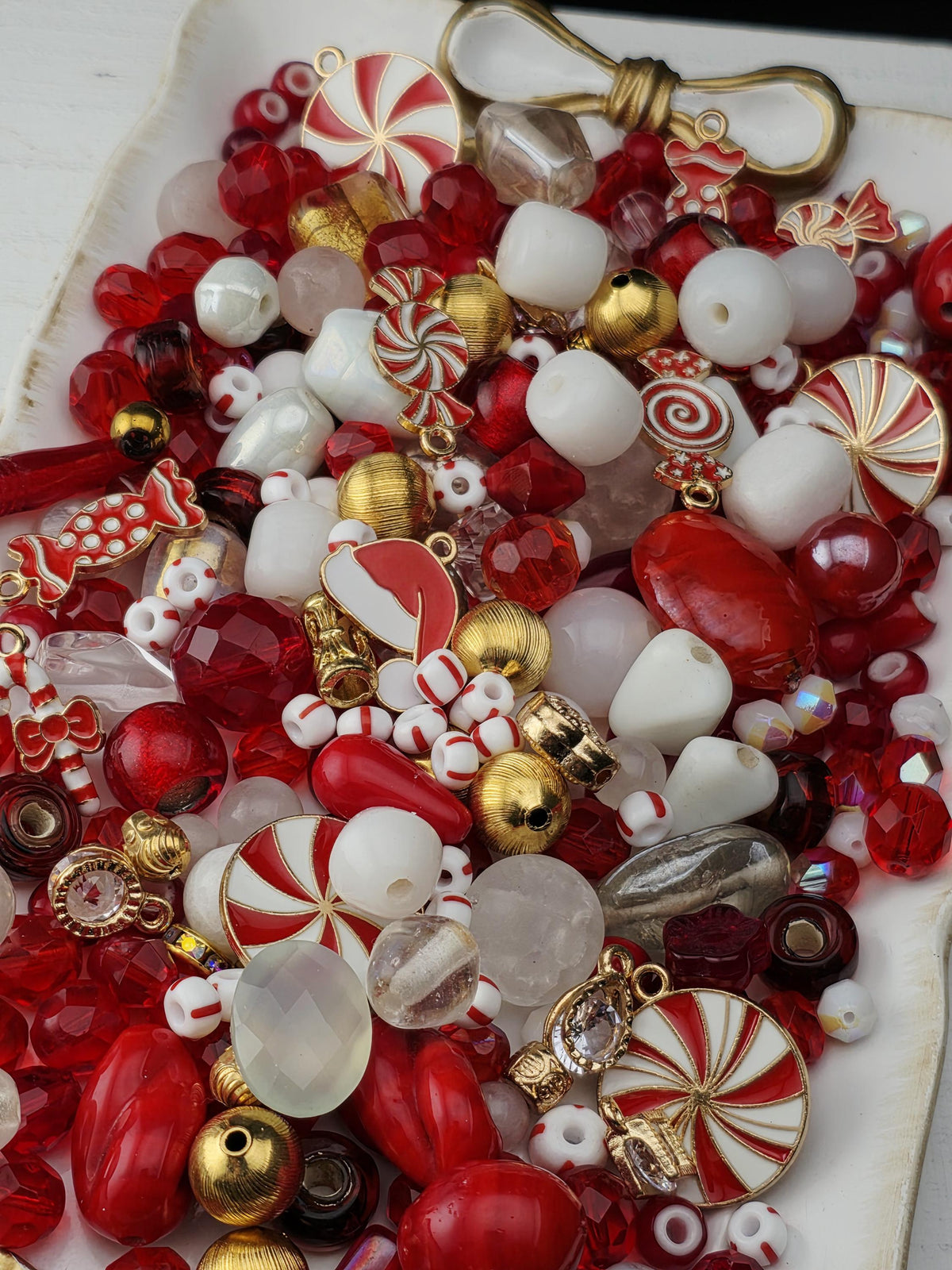 Candy Cane Lane Bead Soup Mix, Peppermint Red White and Gold Glass | Christmas Beads | DIY Jewelry Kit