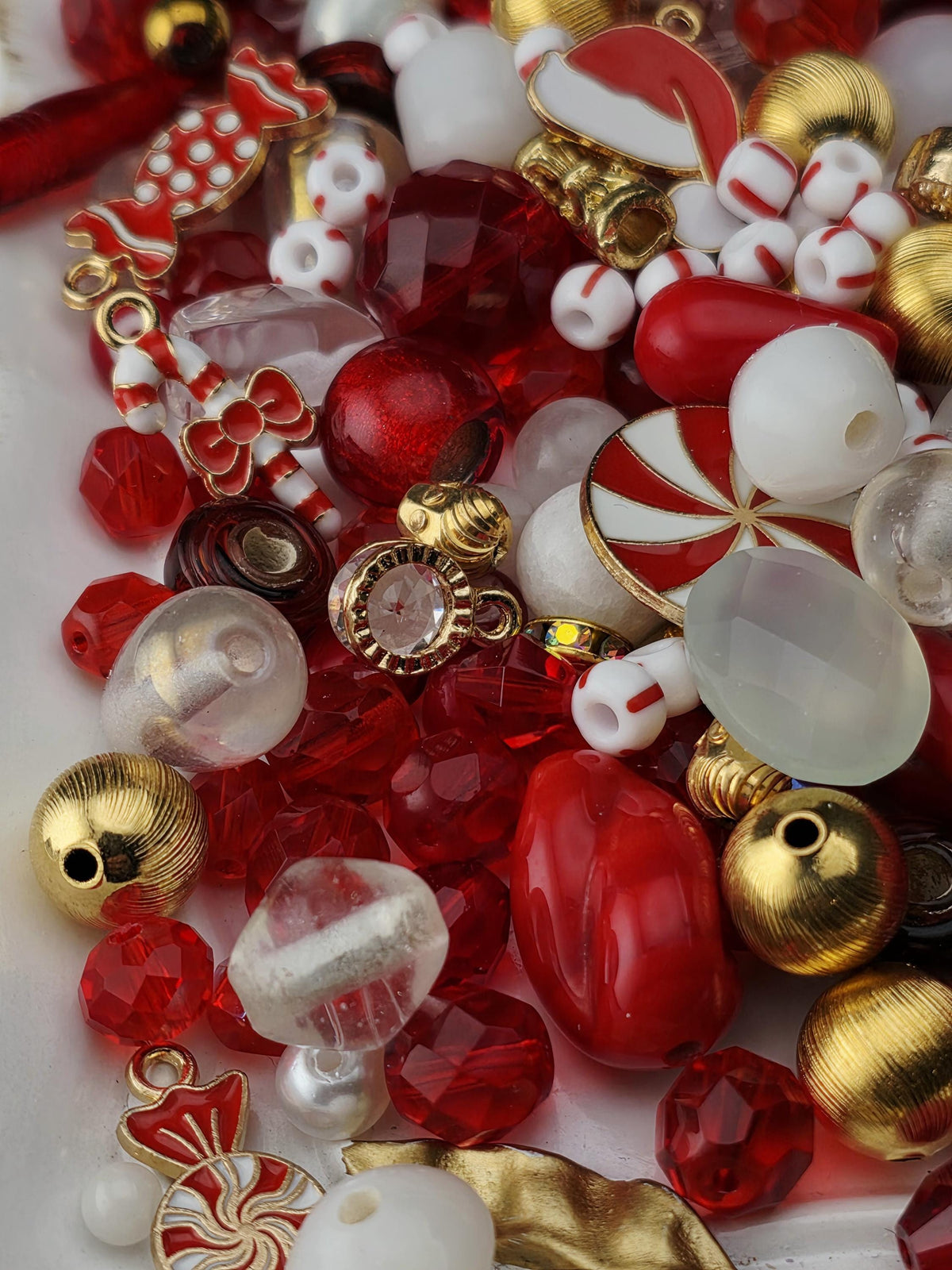 Candy Cane Lane Bead Soup Mix, Peppermint Red White and Gold Glass | Christmas Beads | DIY Jewelry Kit