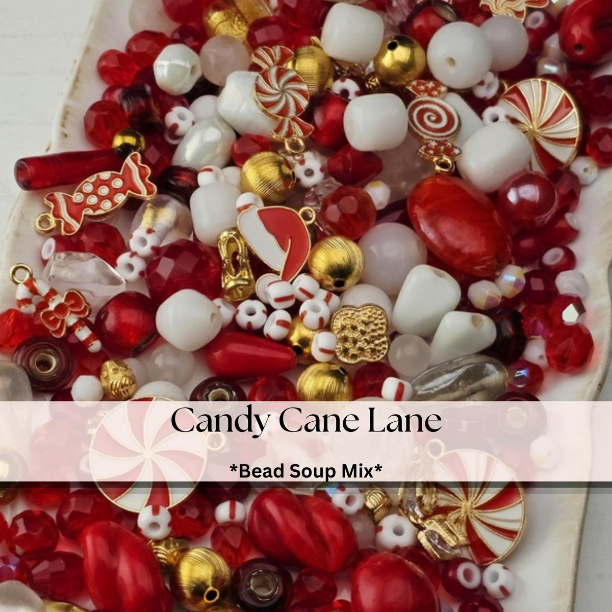 Candy Cane Lane Bead Soup Mix, Peppermint Red White and Gold Glass | Christmas Beads | DIY Jewelry Kit