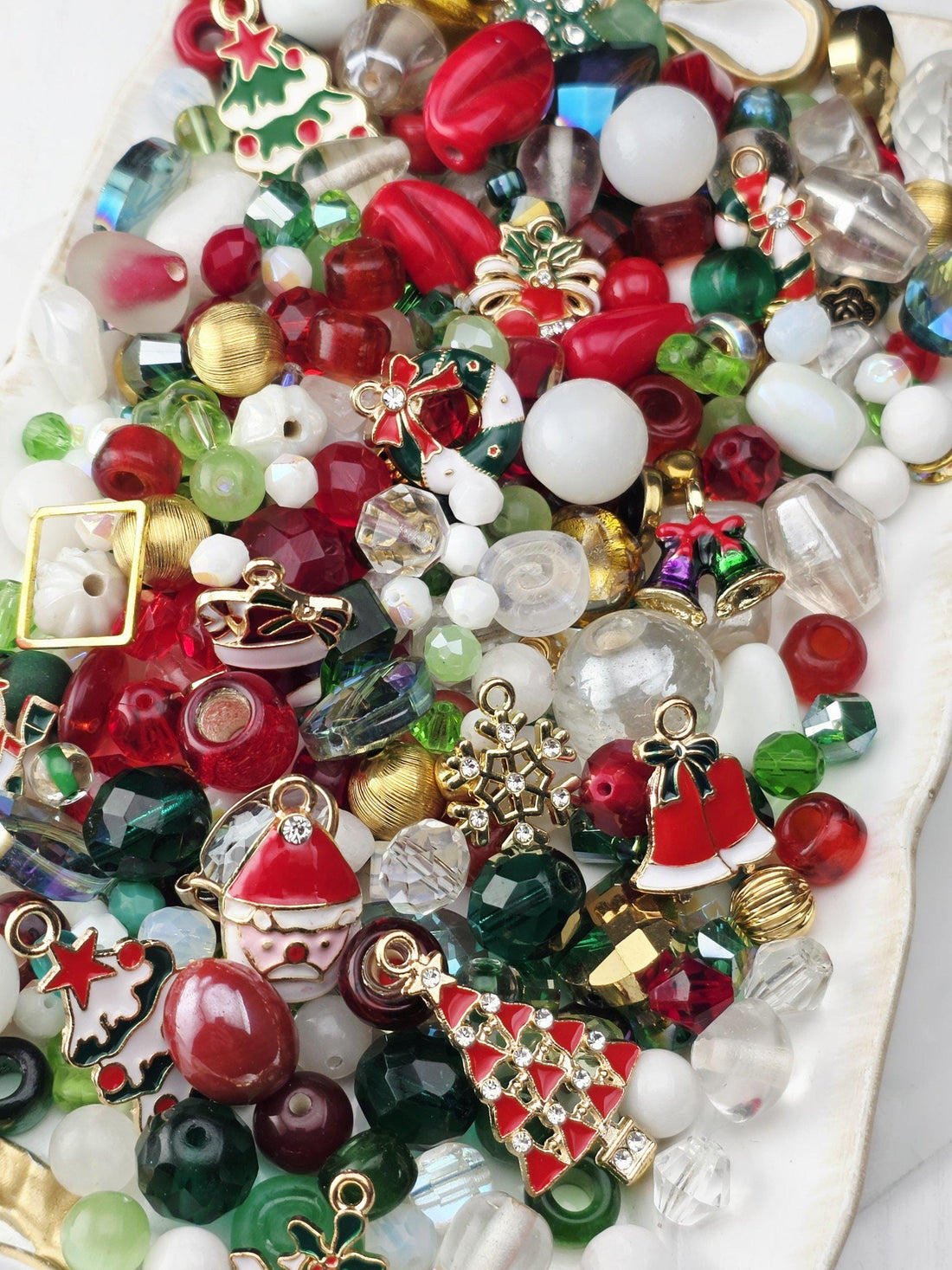 Christmas Charm Bead Soup Mix, Red Green and Gold Glass with Enamel Charms | Christmas Beads | DIY Jewelry Kit