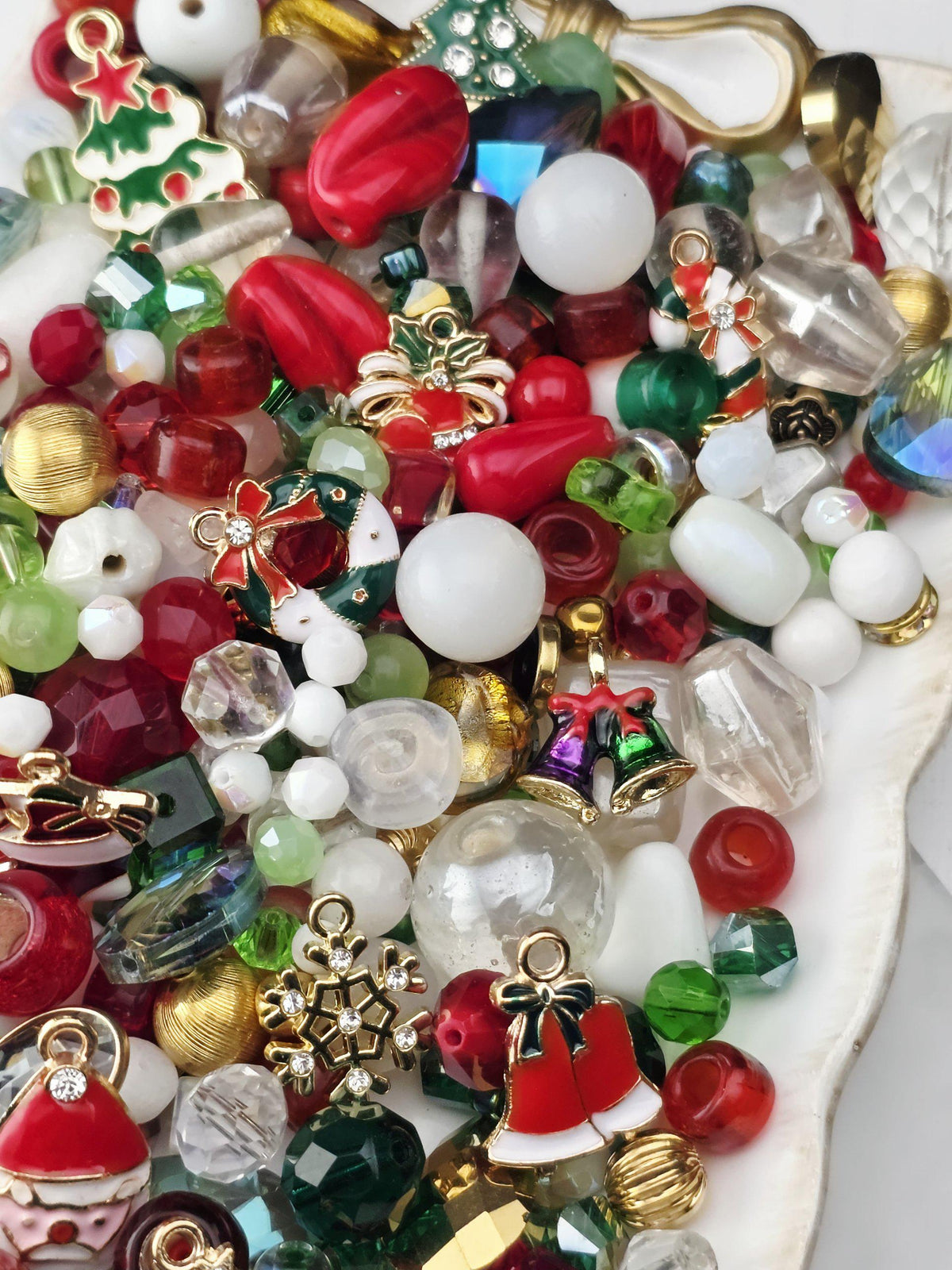 Christmas Charm Bead Soup Mix, Red Green and Gold Glass with Enamel Charms | Christmas Beads | DIY Jewelry Kit
