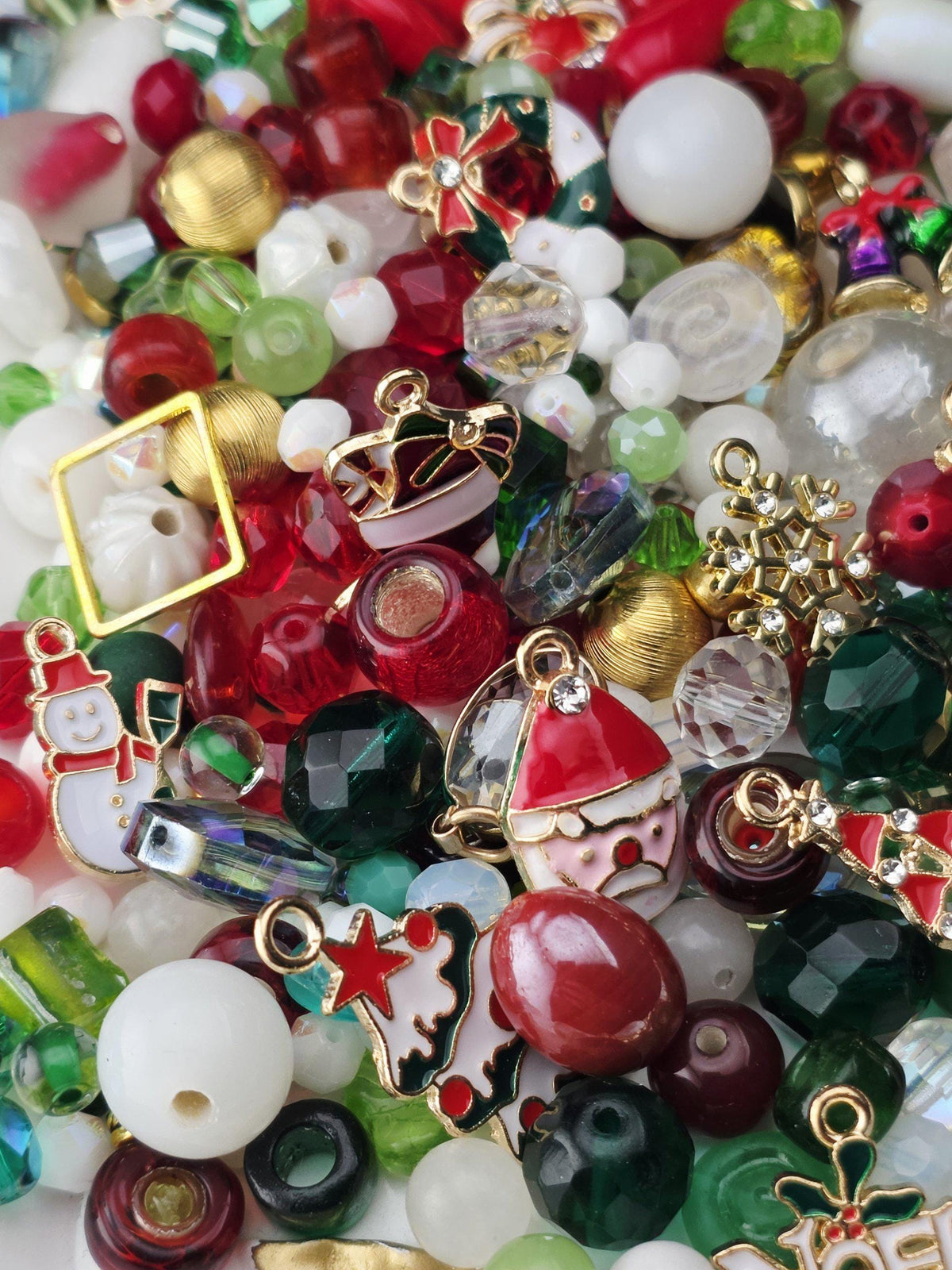 Christmas Charm Bead Soup Mix, Red Green and Gold Glass with Enamel Charms | Christmas Beads | DIY Jewelry Kit