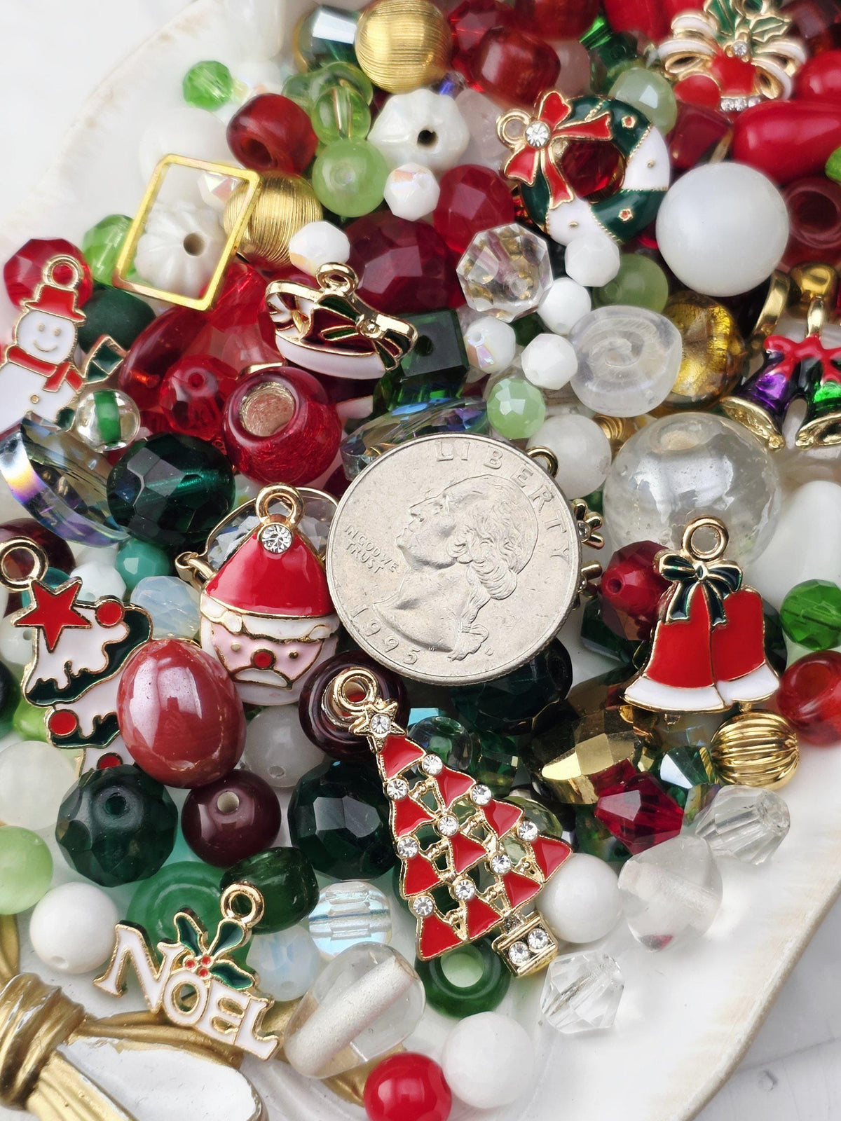 Christmas Charm Bead Soup Mix, Red Green and Gold Glass with Enamel Charms | Christmas Beads | DIY Jewelry Kit