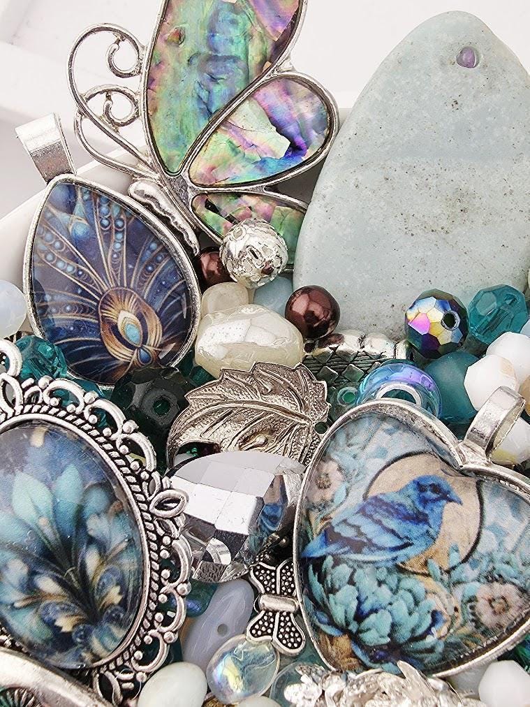 Bead Soup Mix - Teal & Abalone Shell, Raven Cabochon | DIY Jewelry