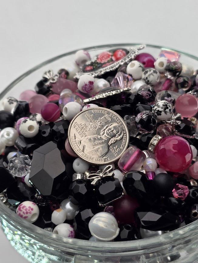 Mademoiselle Bead Soup Mix | Black, Pink, Pearl Glass Beads | Vintage Cabochon Pendants