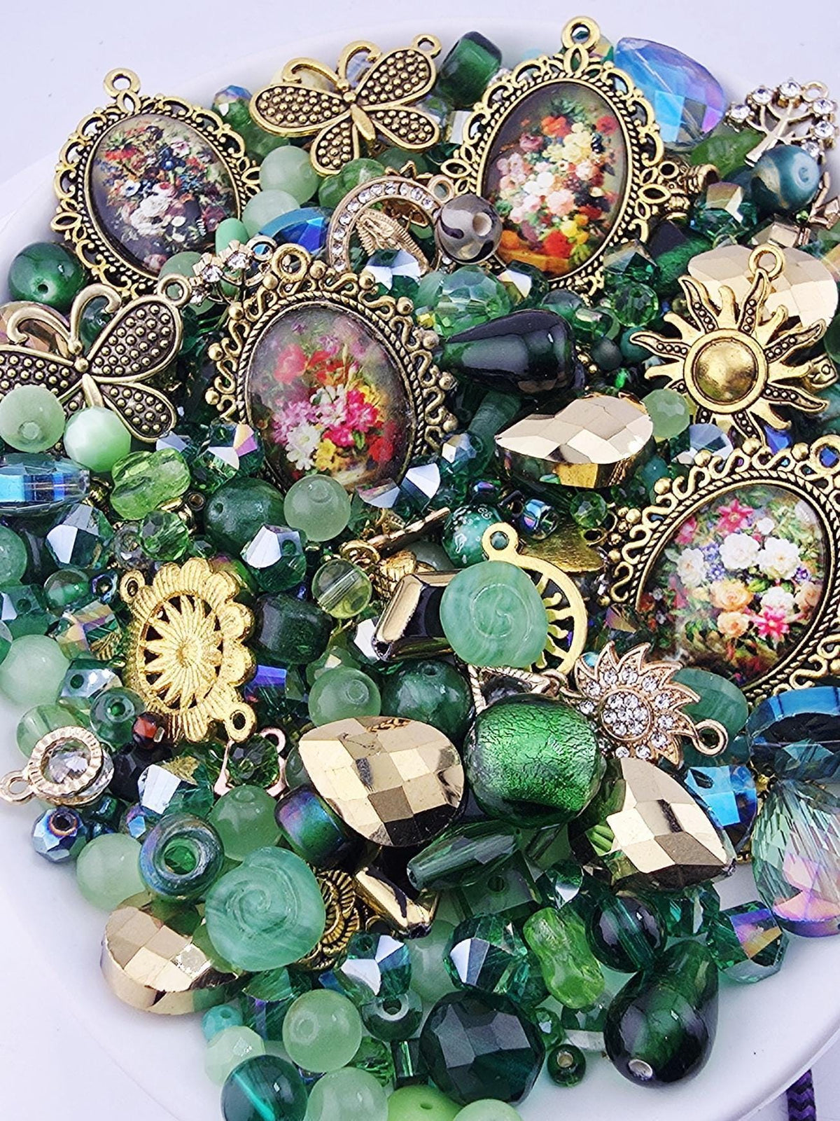 Bead Soup Mix, Emerald Victorian Floral | Glass & Stone | 2-6 oz