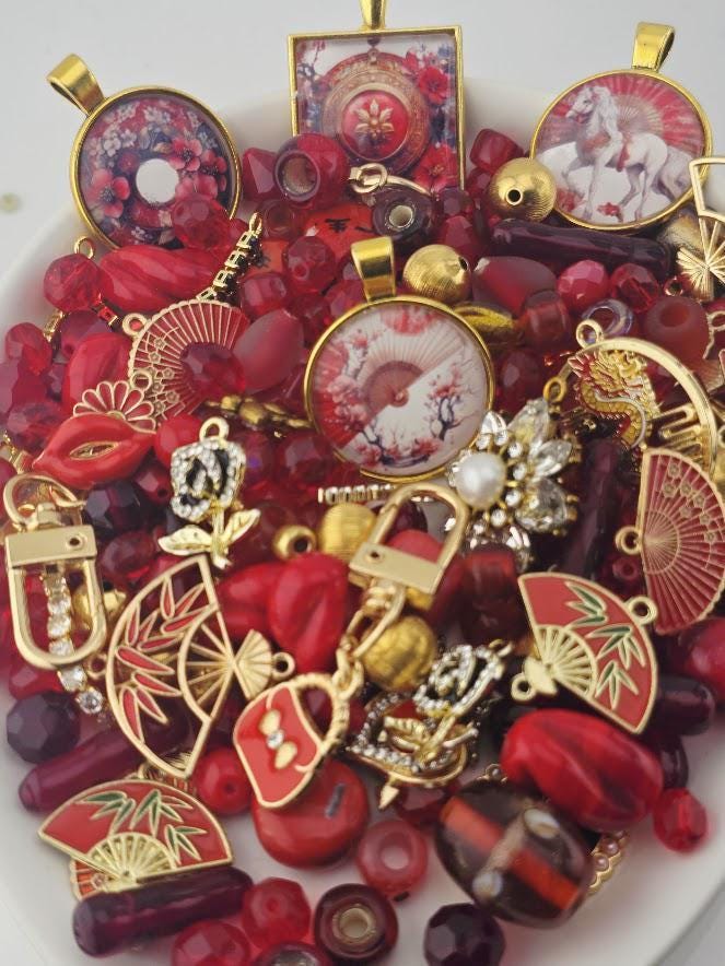 Bead Soup Mix, Crimson Lantern | Deep Red Gold Glass | Oriental Fan Cabochon