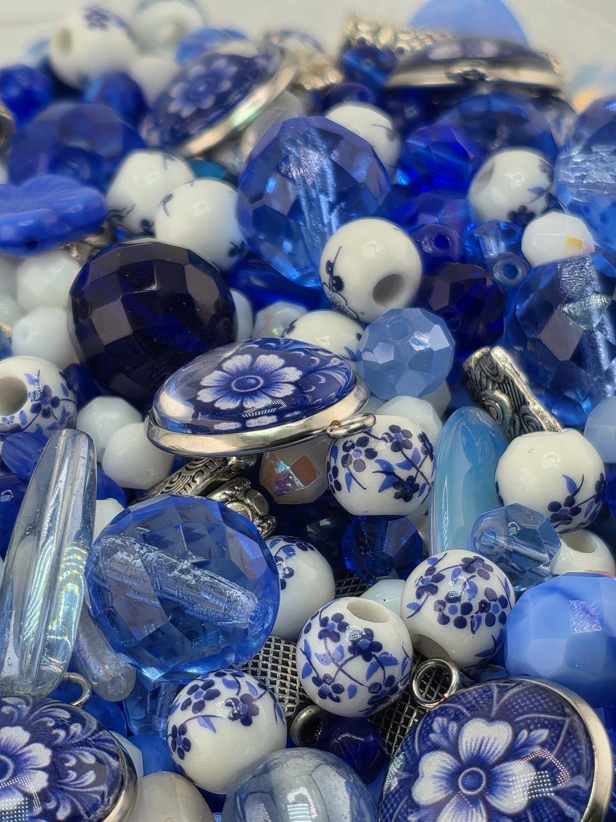 Indigo Garden Bead Mix, Porcelain & Cobalt Blue Glass Bead Mix (2oz, Floral Design) | Jewelry Making Bracelet Supply | Learise Curated Mix