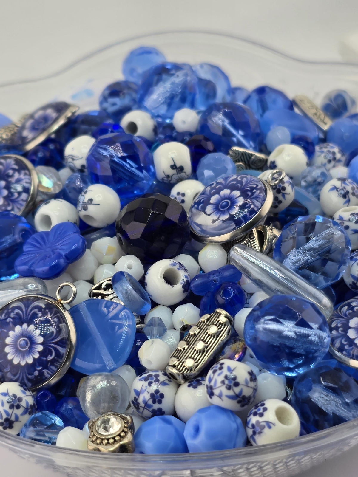 Indigo Garden Bead Mix, Porcelain & Cobalt Blue Glass Bead Mix (2oz, Floral Design) | Jewelry Making Bracelet Supply | Learise Curated Mix