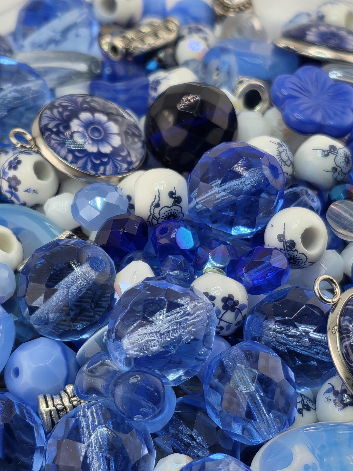 Indigo Garden Bead Mix, Porcelain & Cobalt Blue Glass Bead Mix (2oz, Floral Design) | Jewelry Making Bracelet Supply | Learise Curated Mix