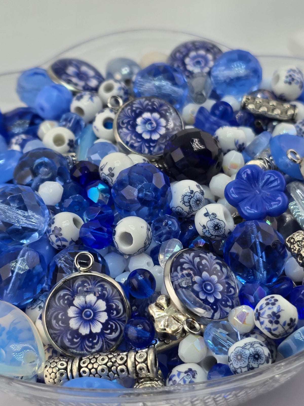 Indigo Garden Bead Mix, Porcelain & Cobalt Blue Glass Bead Mix (2oz, Floral Design) | Jewelry Making Bracelet Supply | Learise Curated Mix
