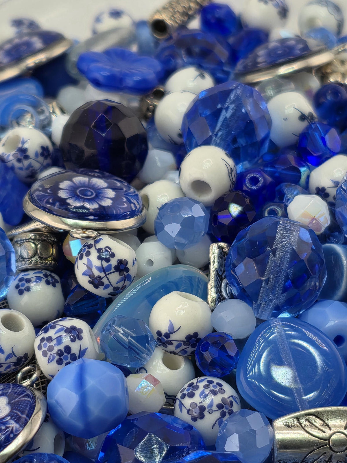 Indigo Garden Bead Mix, Porcelain & Cobalt Blue Glass Bead Mix (2oz, Floral Design) | Jewelry Making Bracelet Supply | Learise Curated Mix