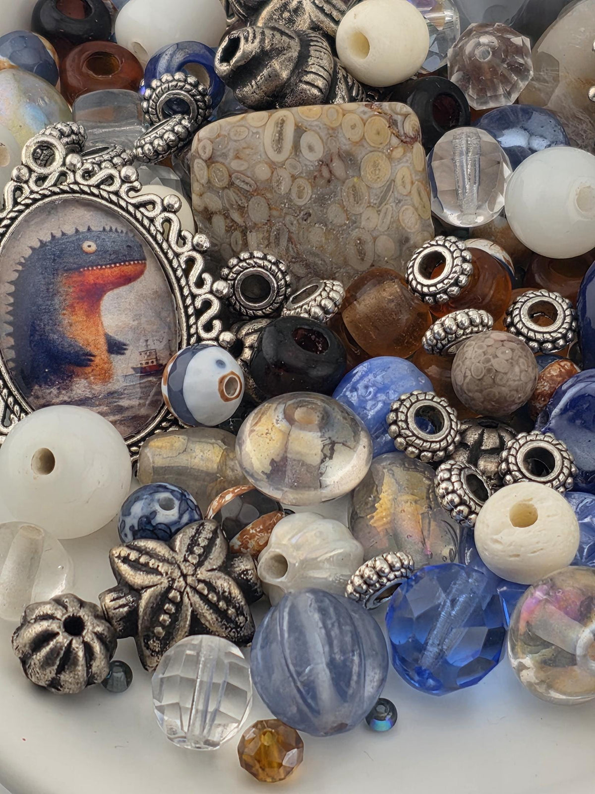 Here Be Dragons Bead Soup Mix, Navy & Cream Glass | Sea Monster Pendants | DIY Jewelry