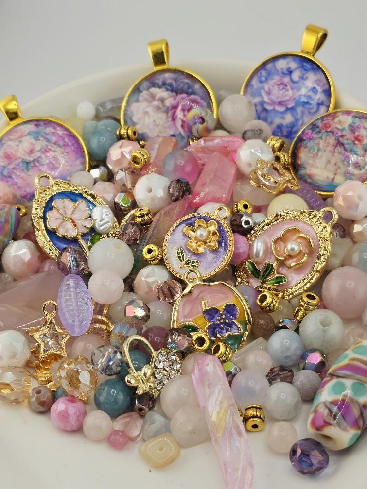 Bead Soup Mix, Pastel Pink & Gold Glass | Cloisonne Floral Pendant | DIY Jewelry