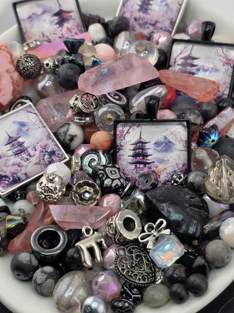 Sakura Mist Bead Soup Mix, Pink & Black Glass | Japan Cabochon | DIY Jewelry