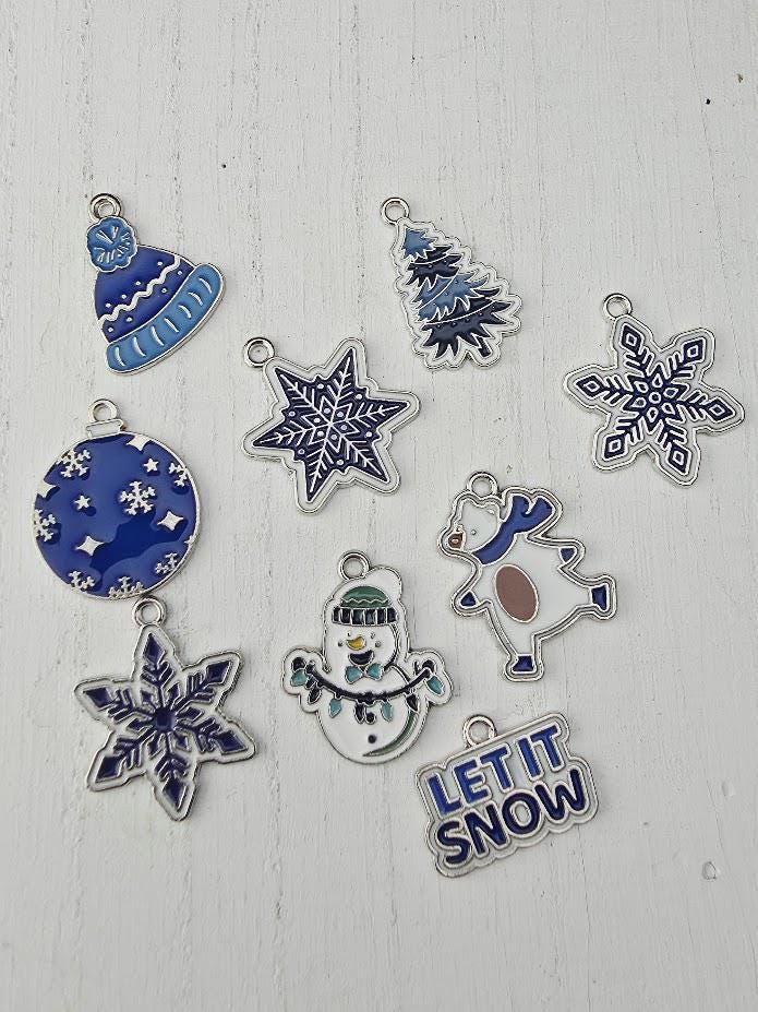 Let It Snow Bead Soup Mix, Blue White Glass Beads with Snowflake Enamel Charms, Winter Christmas Bead Mix for Jewelry Making