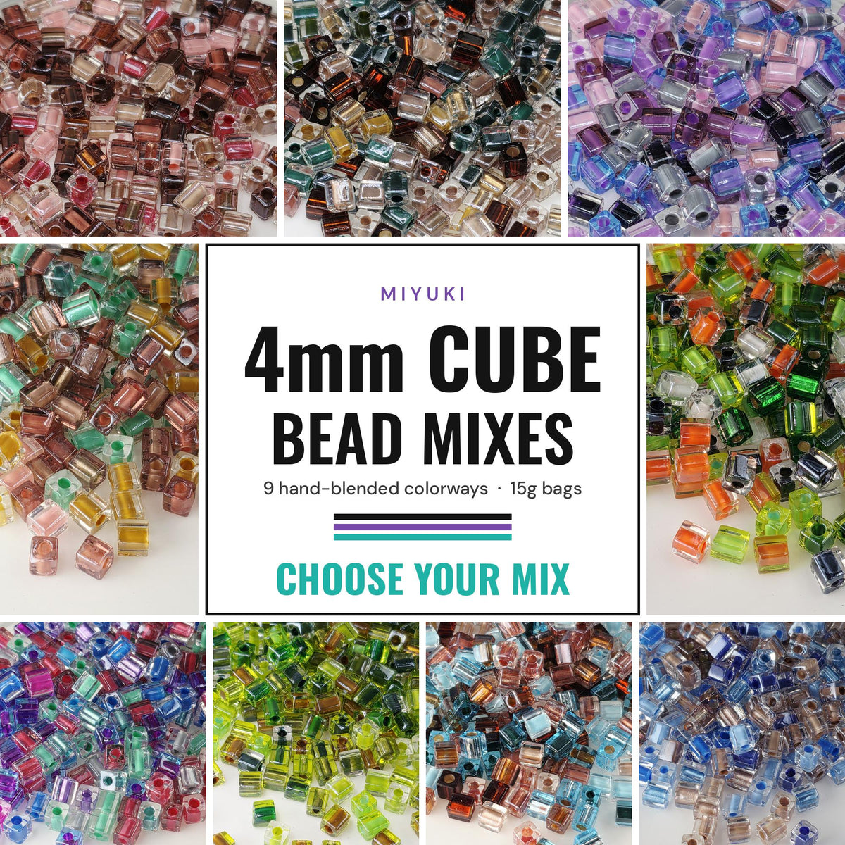 The image is a collage of various colorful beads, including clear, multicolored, and multicolored beads, arranged in a grid-like pattern.