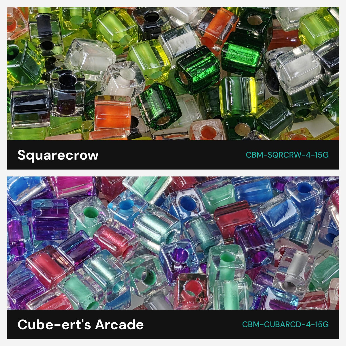 The image is a collage of two images, each featuring a collection of colorful, transparent cubes or blocks in various colors and shapes. The text above the images reads "Squacrow" and " Cube-ert's Arcade" to identify the different sections of the collage.