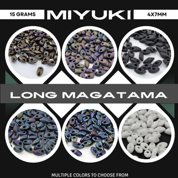 The image is a collage of six images, each showcasing a different type of bead, with a focus on the long magatama beads. The text in the image includes "15 Grams" and "4 7/7MM" indicating the weight and size of the beads, and "MIYUKI" which is the brand of the beads. The text also mentions "MULTIPLE COLORS TO CHOOSE FROM", suggesting that there are multiple colors available for selection.