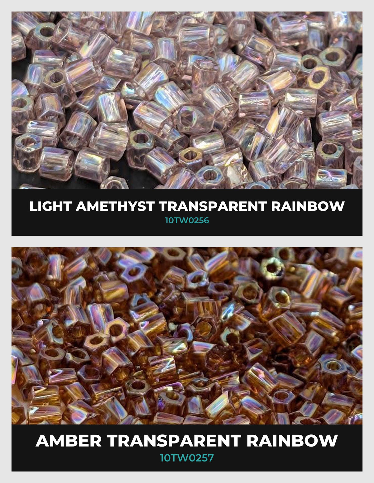 two different types of transparent rainbow beads, one labeled "Light Amethyst Transparent Rainbow" and the other "Amber Transparent Rainbow".