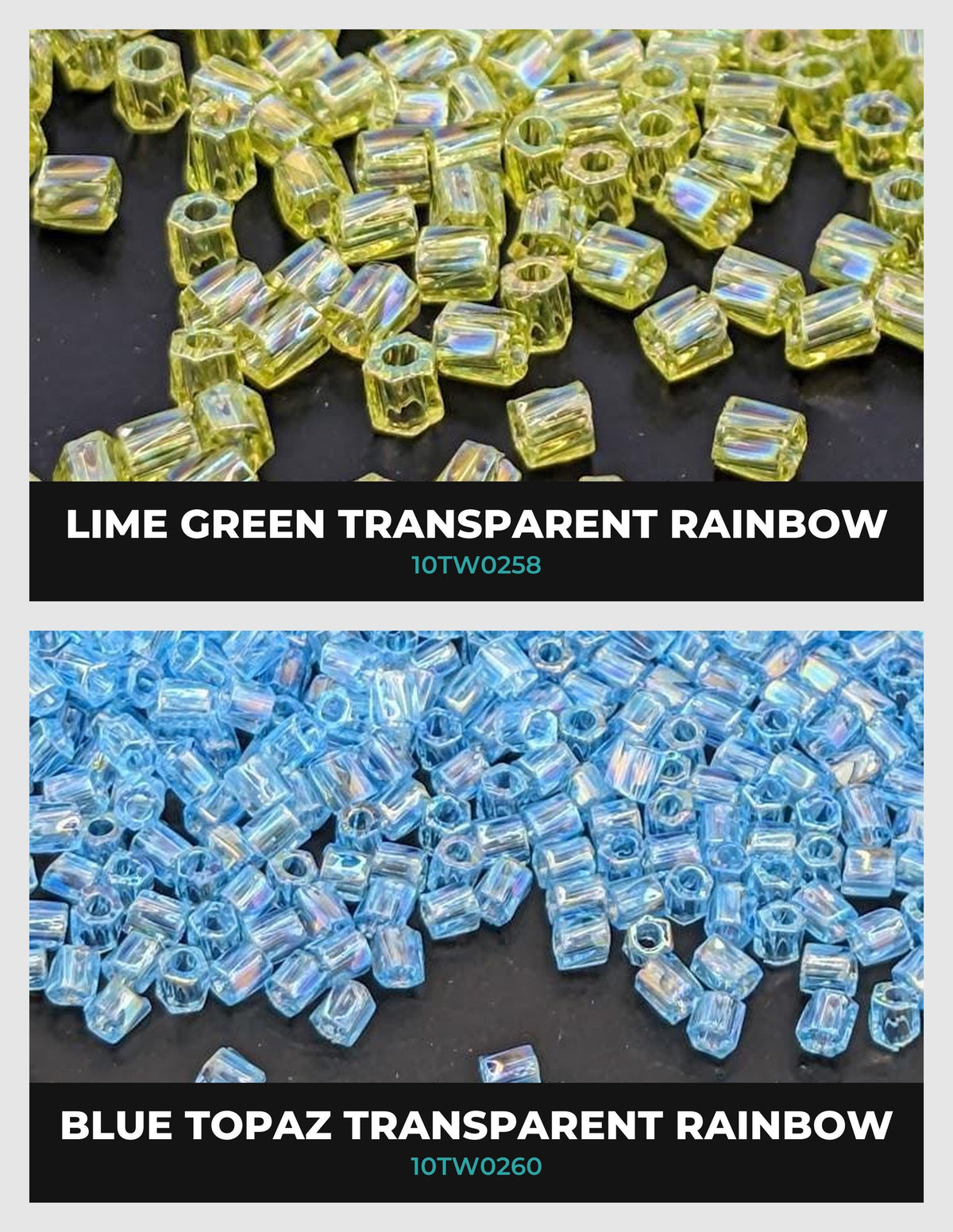 two separate images of transparent beads in different colors: lime green and blue. The lime green beads are scattered across a dark background, while the blue beads are scattered across a lighter background.