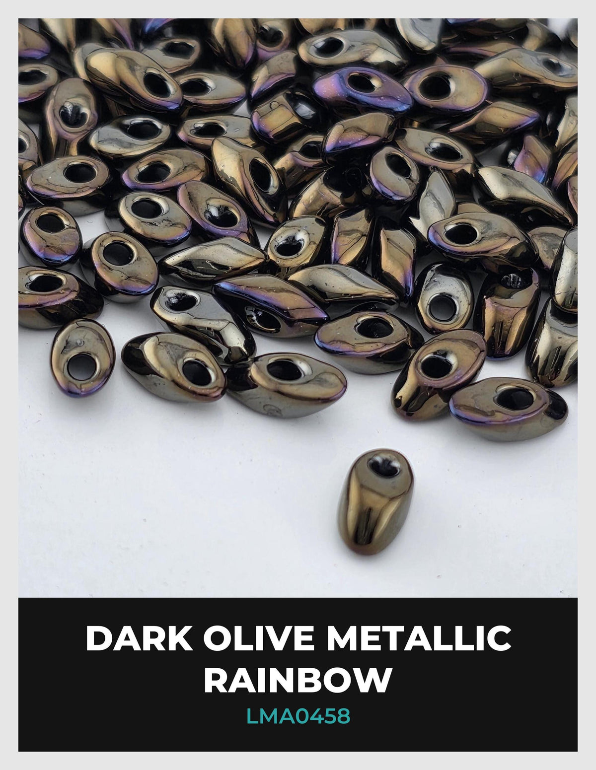 a collection of metallic beads in various shades of dark olive color, scattered on a white background.