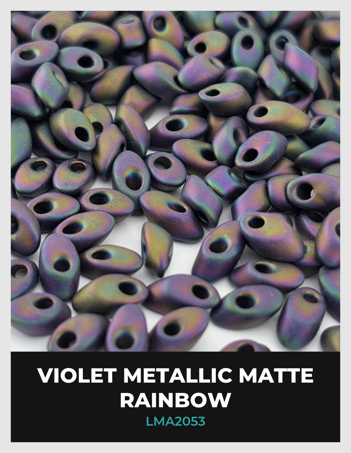 The image is a close-up of numerous purple metallic beads arranged in a visually appealing manner.