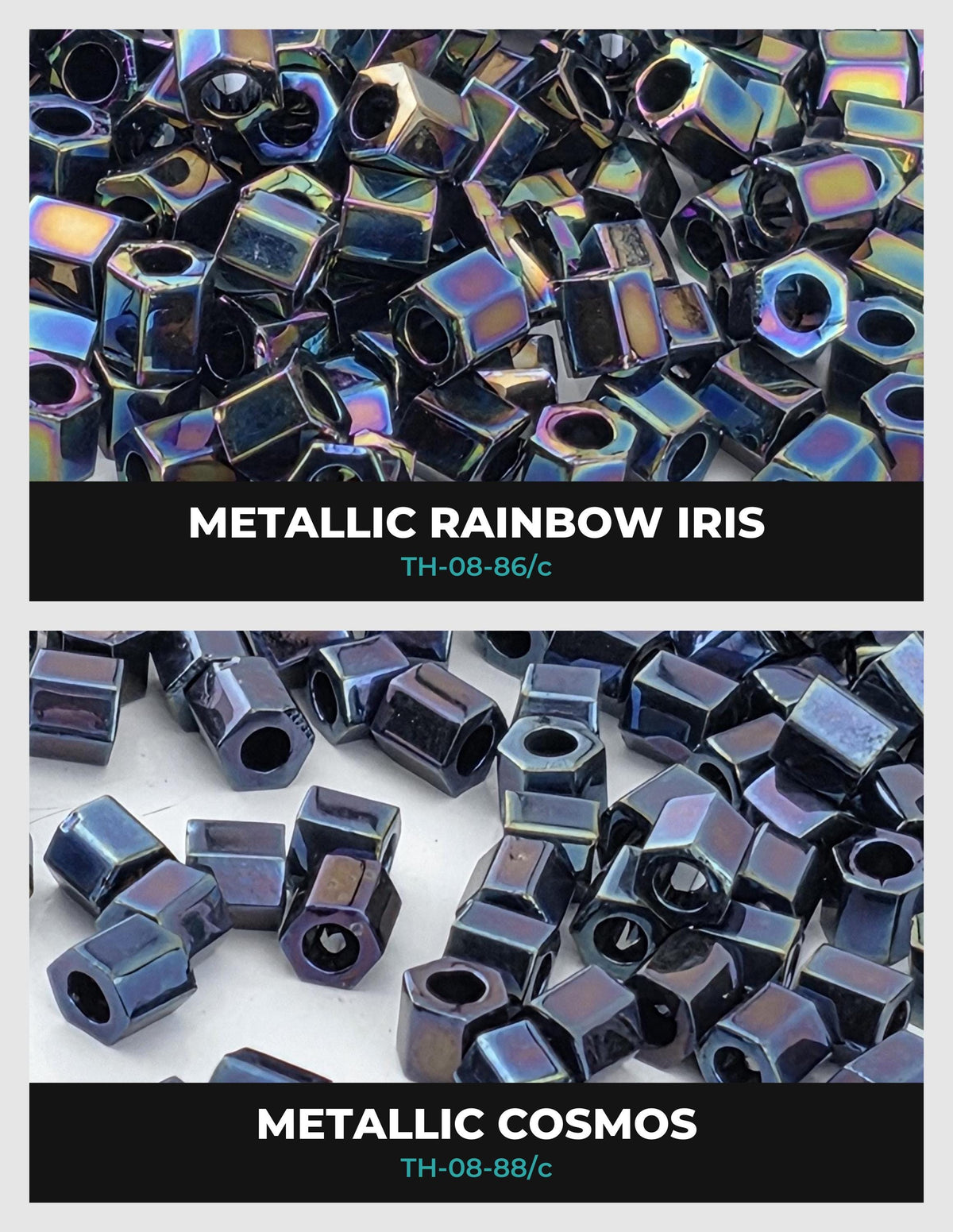 two distinct groups of metallic objects, one with a metallic rainbow iris pattern and the other with a metallic cosmos pattern. The objects are described as metallic rainbow iris and metallic cosmos, and the image is labeled with the text "METALLIC RAINBOW IRIS TH-08-86/c" and "METALLIC COSMOS TH-08-86/c" respectively.