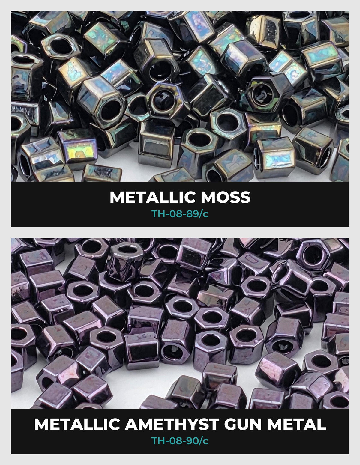 two distinct groups of metallic objects, including nuts and bolts, with different colors and textures. The text labels the objects as "METALLIC MOSS" and "METAL AMETHYST GUN METAL", providing a clear distinction between the two types of metallic materials.