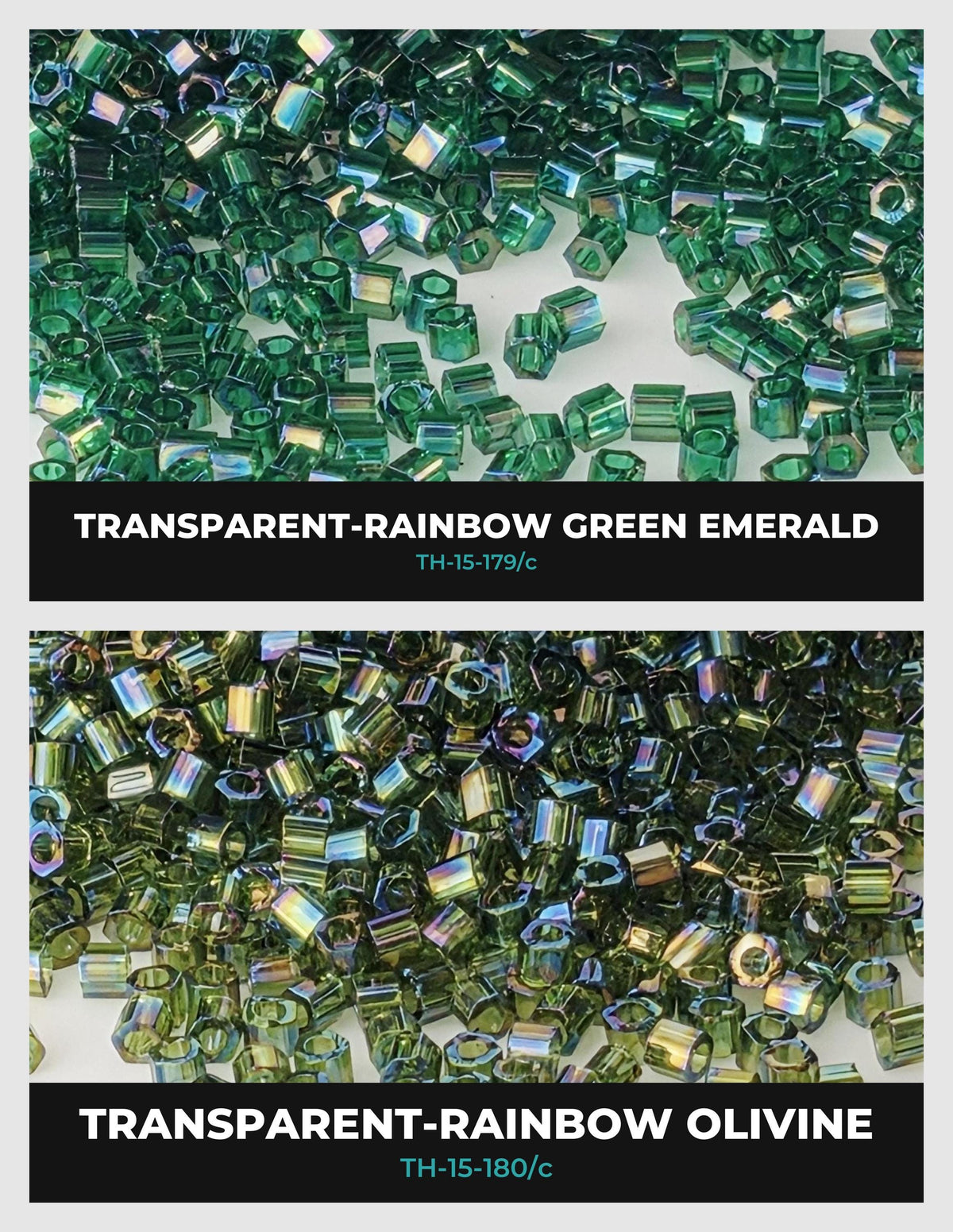 two different types of green gemstones: transparent-rainbow green emerald and transparent-rainbow olive. The gemstones are arranged in a visually appealing manner, showcasing their vibrant colors and unique patterns.