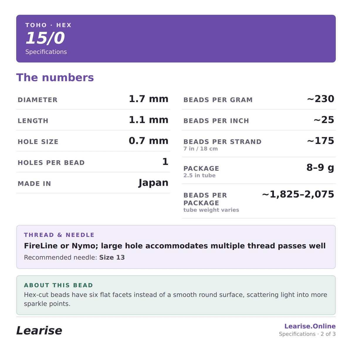 specifications for a specific type of bead, including dimensions, bead size, hole size, and bead weight.