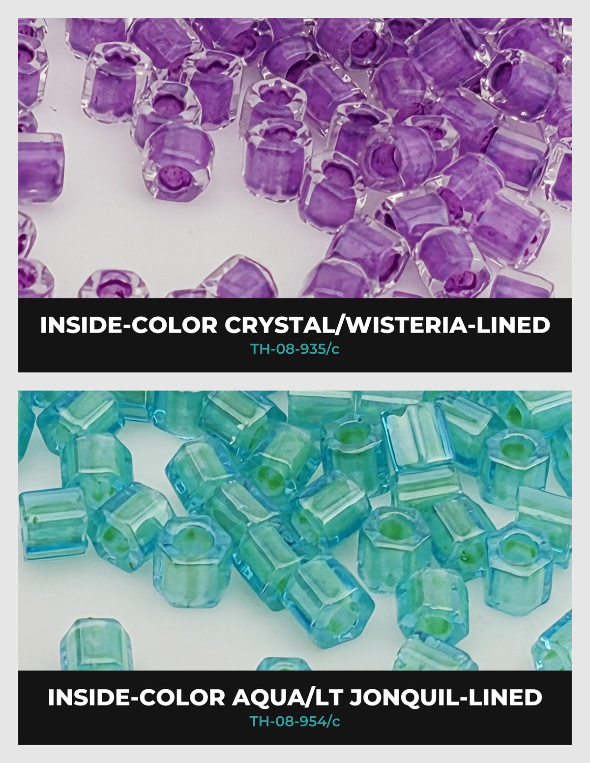 two separate sections, each with a different color of crystal beads. The first section has purple crystal beads, and the second section has aqua crystal beads. The text above the sections indicates that they are "Inside-Color Crystal/Wisteria-Lined" and "Inside-Color Aqua/LT Jonquil-lined".