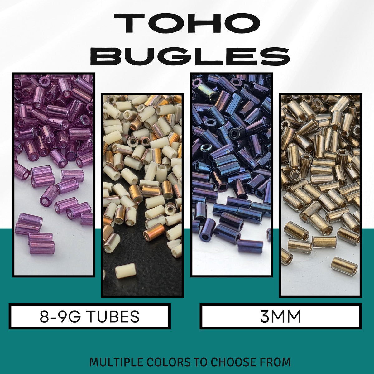The image is a collage of four images showing different sizes of 8-9G tubes and 3mm tubes, with various colors.