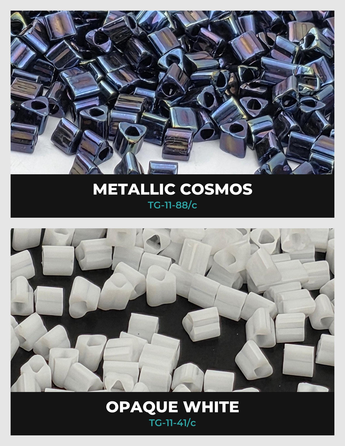 two separate sections, each with a different color of beads. The top section has metallic cosmos beads in various shades of blue, while the bottom section has white opaqueness beads.