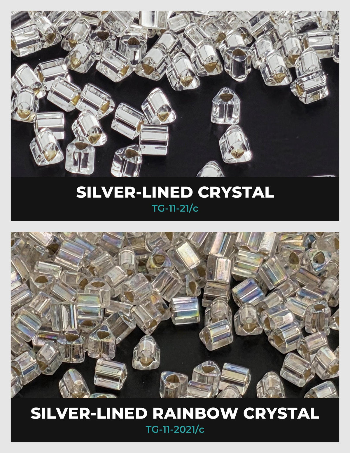 two separate sections, each showcasing a different type of crystal bead. The first section displays silver-lined crystal beads, while the second section features silver-lined rainbow crystal beads. The text labels the sections as "Silver-lined Crystal" and "Silver-lined Rainbow Crystal" respectively.