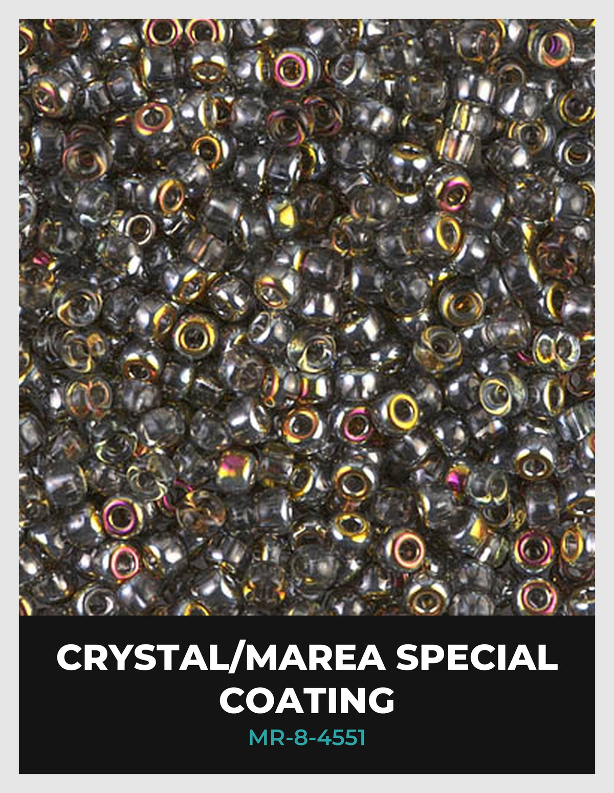 The image is a close-up of a pile of glass beads or crystals, with a text overlay that reads "CRYSTAL/MAREA SPECIAL COATING" and "MR-8-4551".
