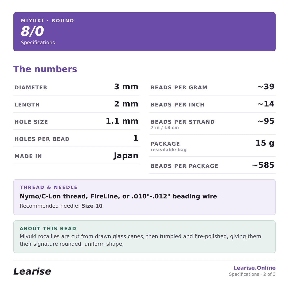 specifications for a round beaded bead, including details such as the bead size, thread and needle type, and the recommended size for the thread and needle.