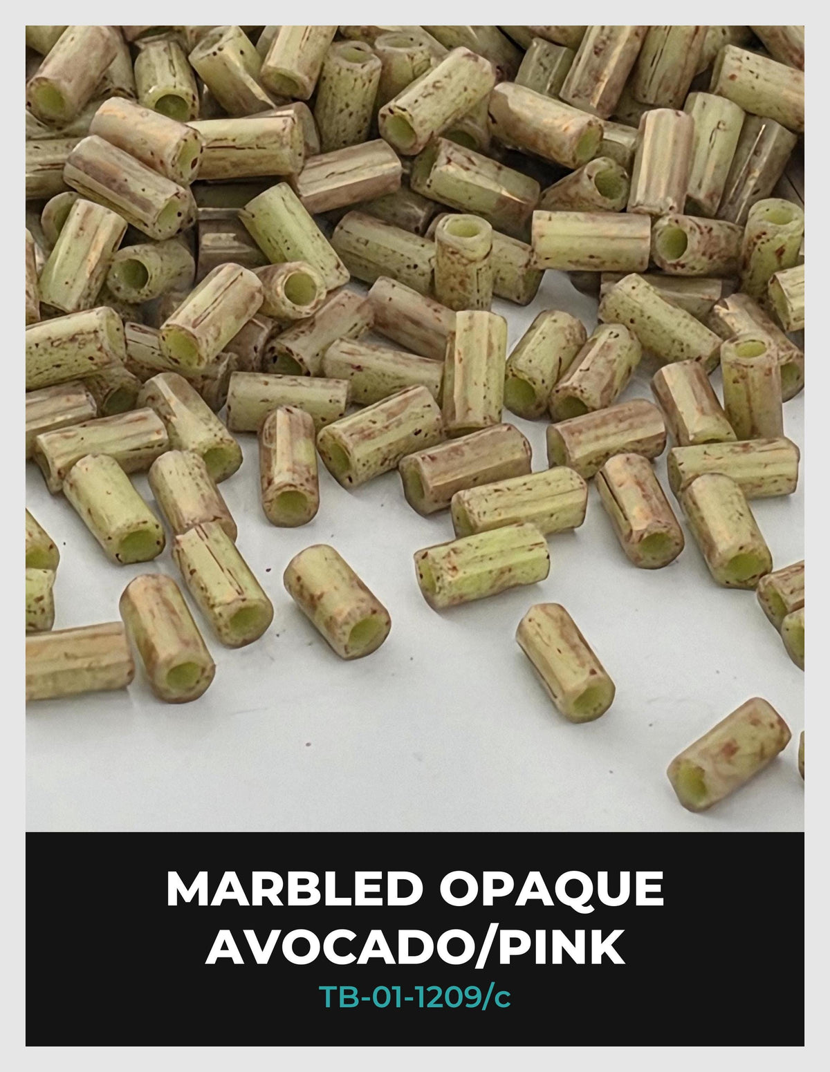 a pile of marbled opaque avocado/pink beads on a white background.