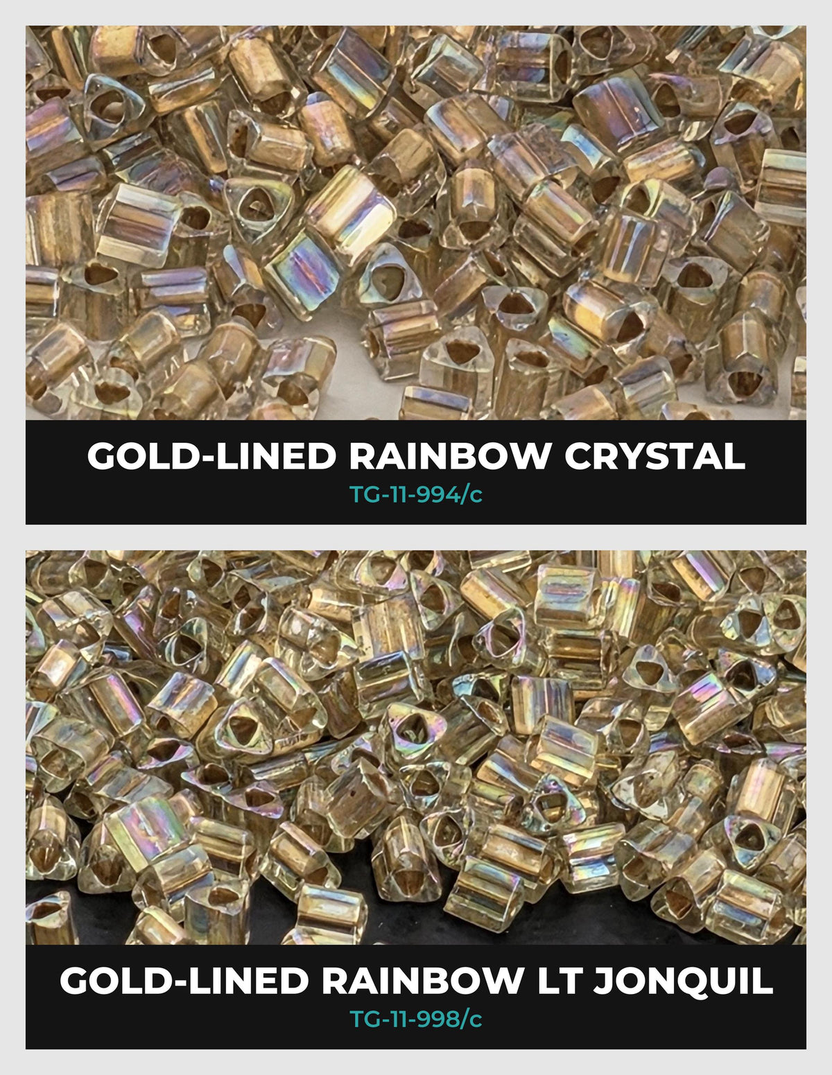 two images of gold-lined rainbow crystal beads. The first image shows a close-up view of the crystal beads, while the second image provides a broader perspective of the beads in a larger setting.