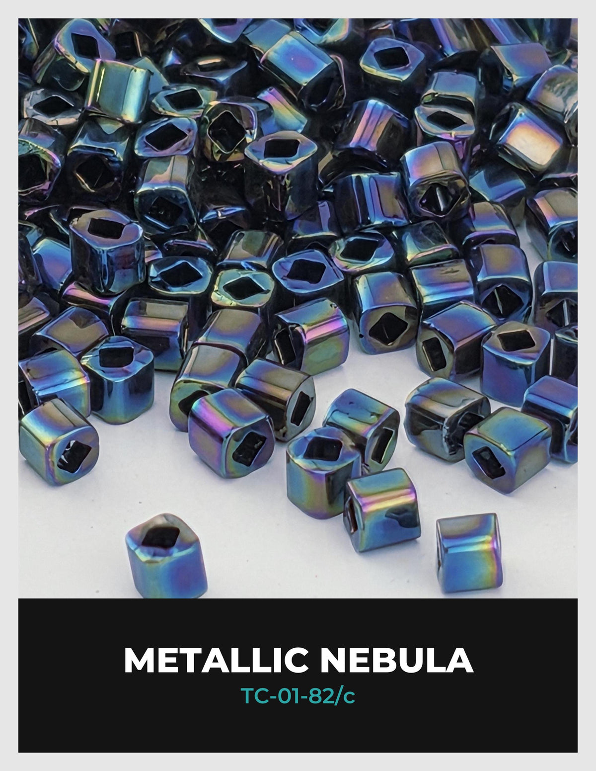 The image is a close-up of numerous metallic nebulae beads, with a focus on their iridescent colors and shapes.