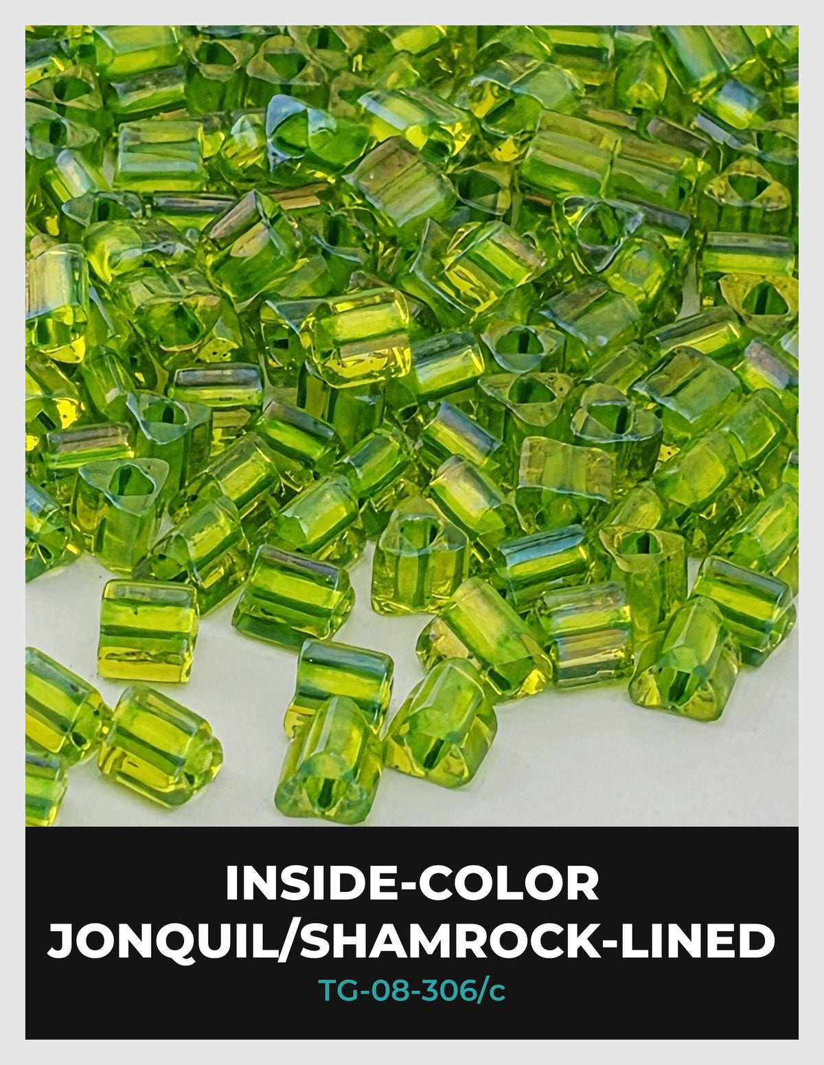 The image is a close-up of numerous green glass beads or stones, possibly jonquil or shamrock-lined, arranged in a visually appealing manner.